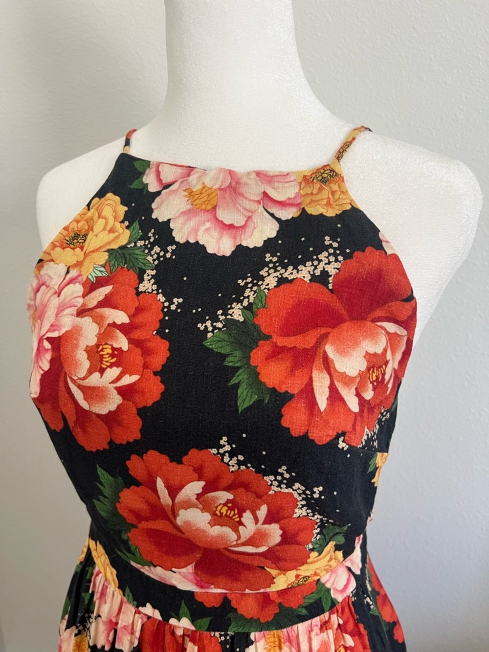 [FARM Rio] Floral Halter Fit & Flare Dress in Black with Red & Yellow Blooms - Picture 2 of 13